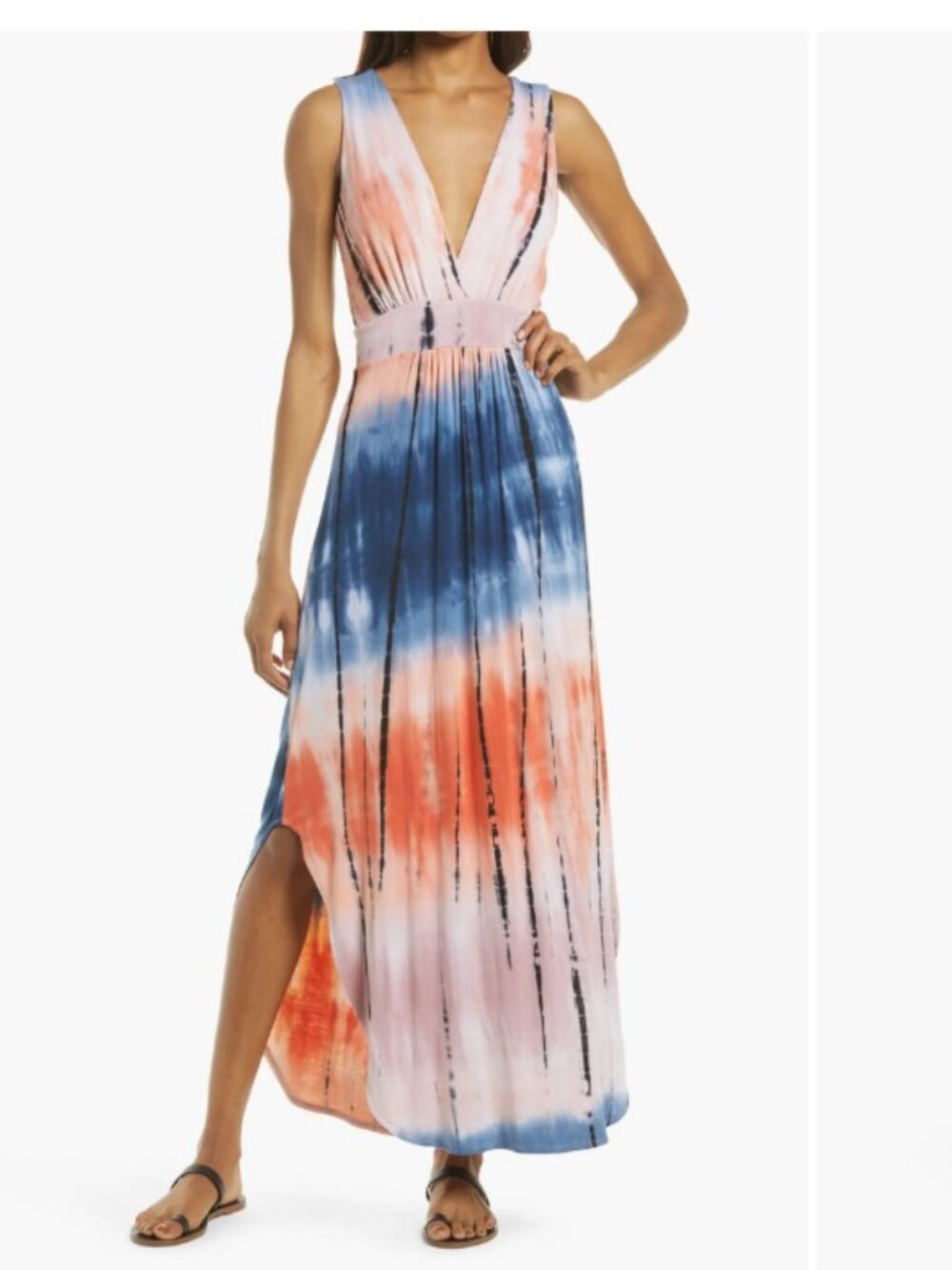 V-Neck Maxi Jersey Dress in Blue and Orange Tie-Dye